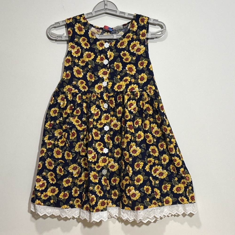 Vintage 90s Silver Unicorn Girls Size 12 Sunflower Floral Cotton Dress Pockets